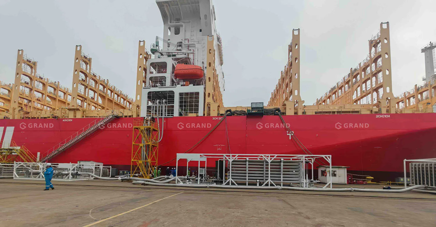 LNG ship refueling skid in vessel refueling application